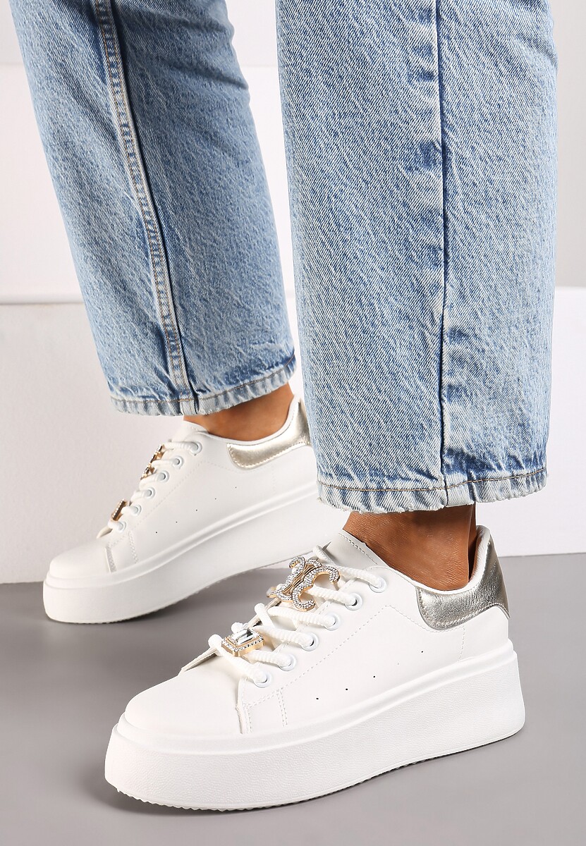 Biało-Złote Sneakersy na Platformie Ozdobione Cyrkoniami i Aplikacjami na Sznurówkach Arretea