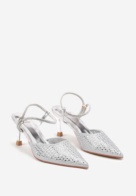 Srebrne Sandały Slingback na Szpilce ze Szpiczastym Noskiem z Cyrkoniami Dimena