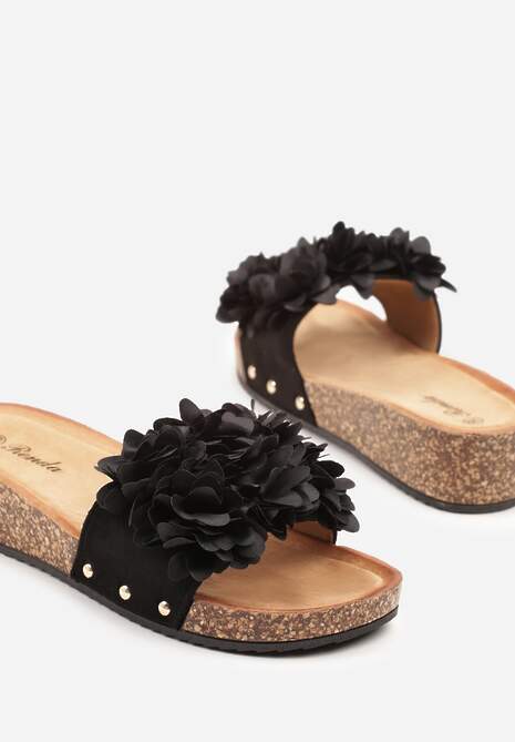 Czarne Klapki na Koturnie z Kwiatem 3D Nevorra