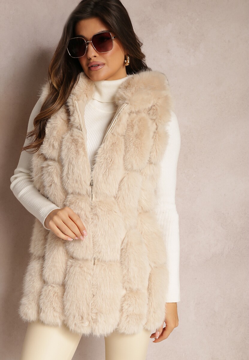 Beżowa Futrzana Kamizelka z Kapturem Konessa