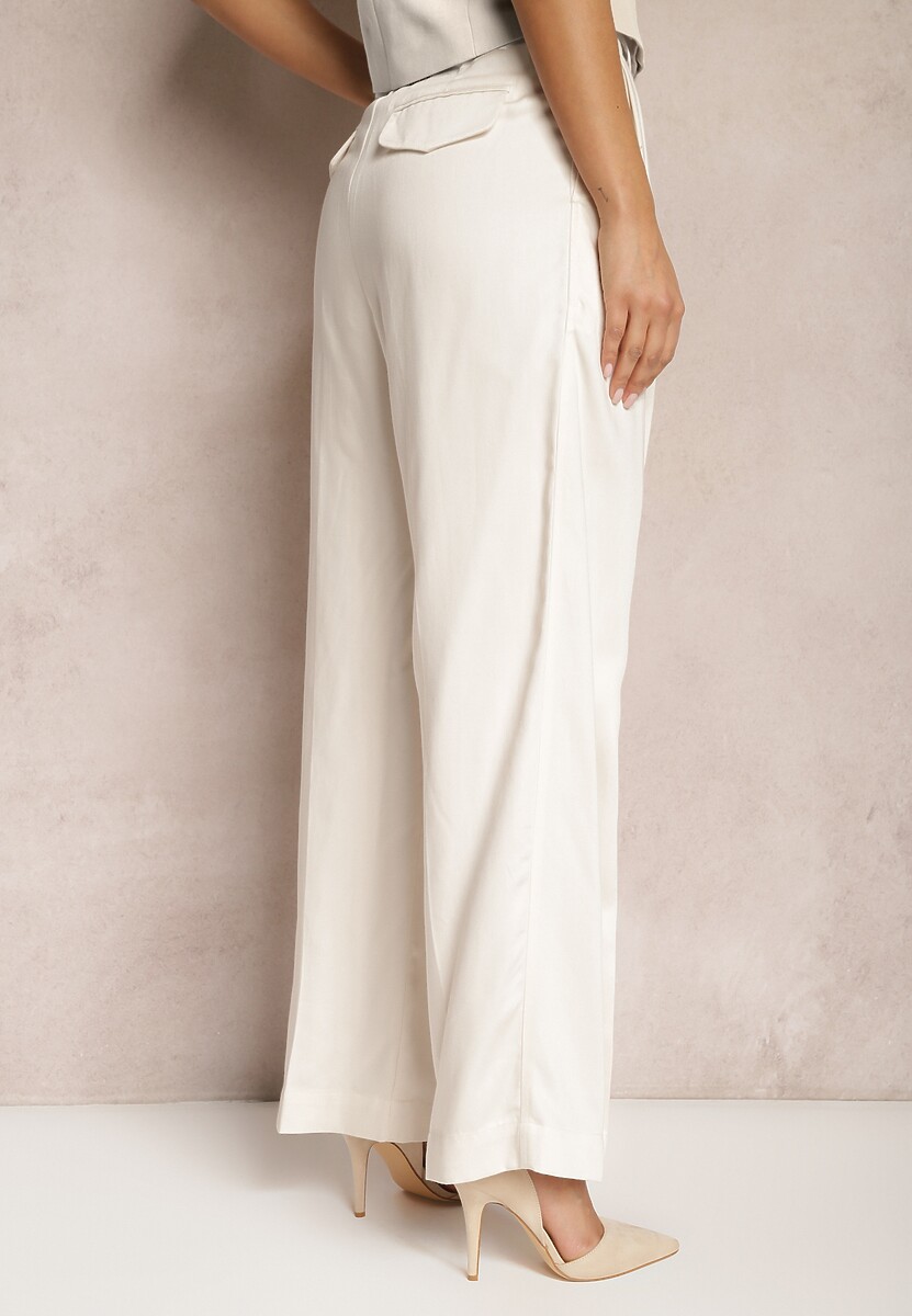 Jasnobeżowe Szerokie Spodnie High Waist z Kieszeniami Keanne