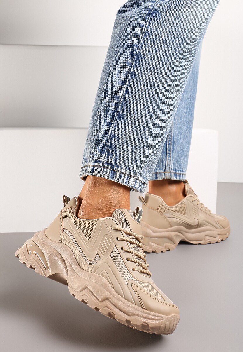 Ciemnobeżowe Sneakersy z Grubą Podeszwą ze Sznurowaniem i Siateczkowymi Wstawkami Lenivia