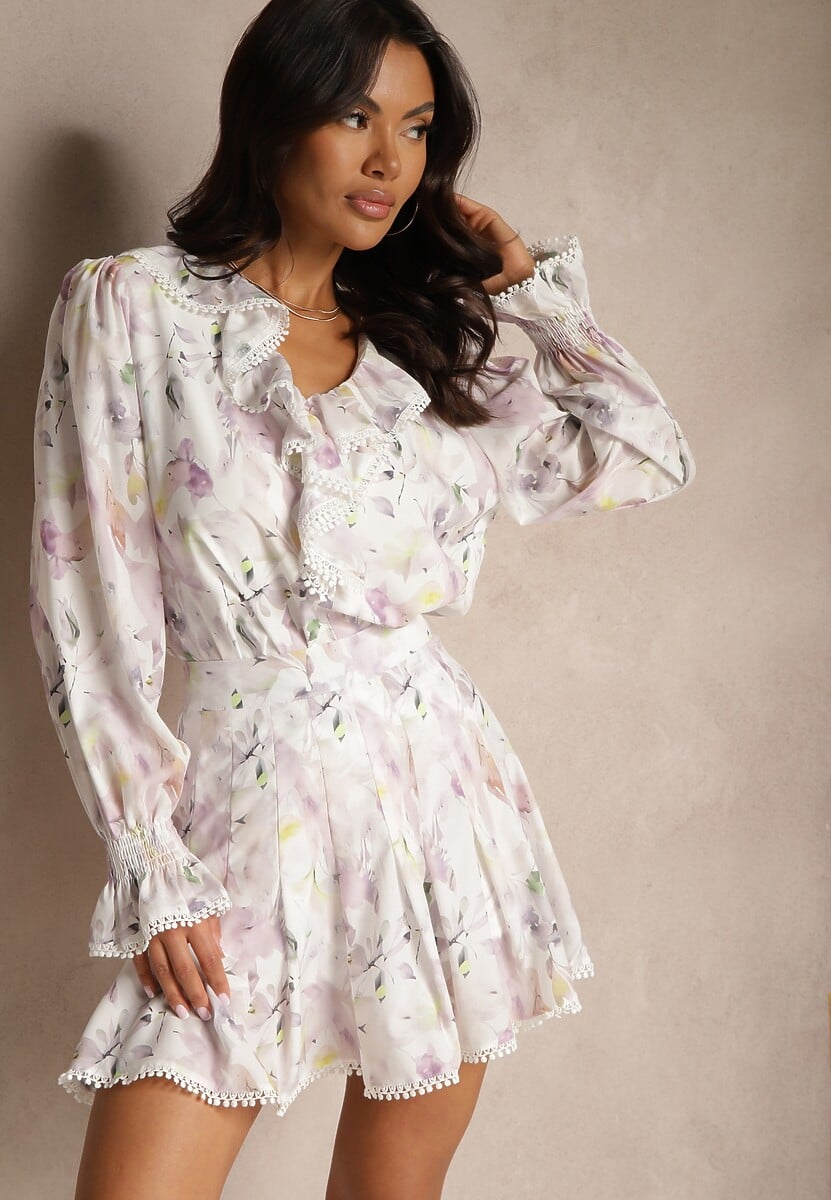 Beżowo-Żółty Komplet z Wiskozy Zdobiony Falbankami Bluzka i Spódnica Neltebis