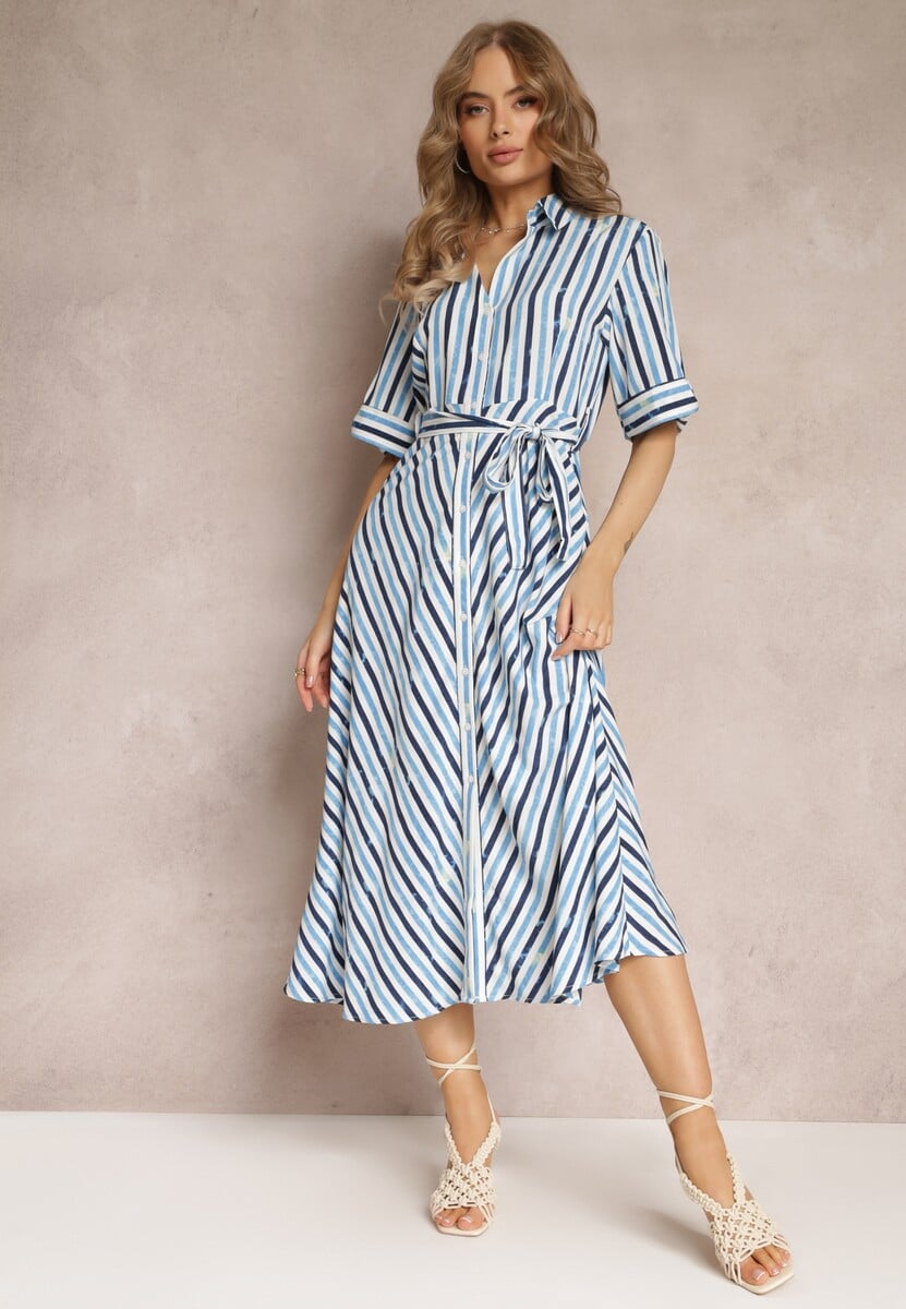 Niebieska Koszulowa Sukienka Wiązana w Talii w Paski Nastika