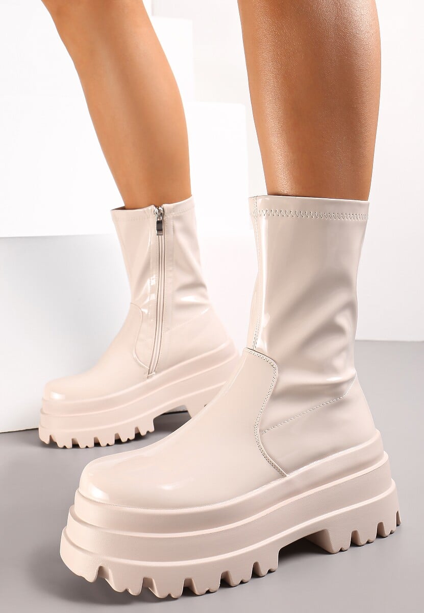 Beżowe Botki Lakierowane na Grubej Podeszwie Neafgi