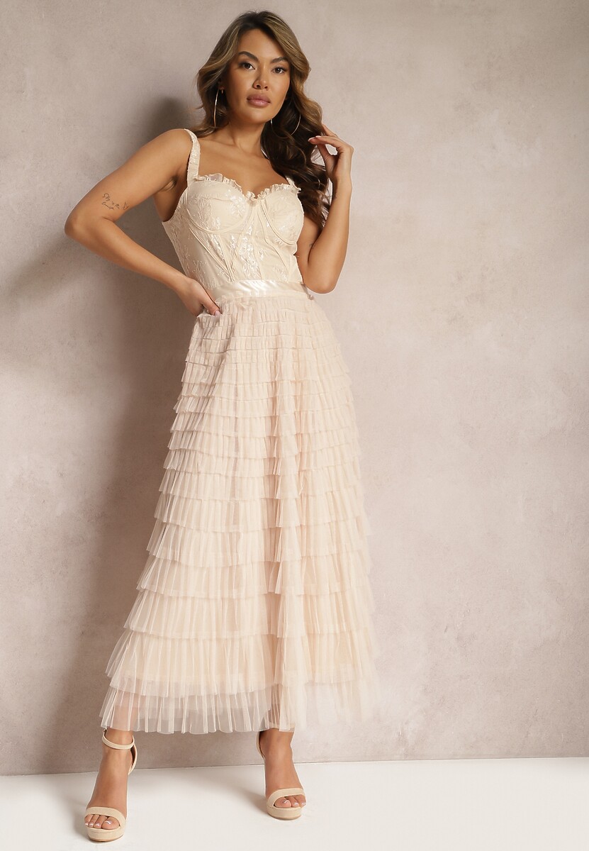 Beżowa Maxi Sukienka Rozkloszowana Sukienka na Ramiączkach z Gorsetową Górą Ocartia