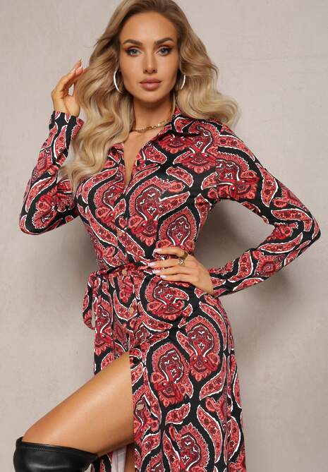 Czerwona Sukienka Koszulowa z Materiałowym Paskiem z Wzorem Paisley Cevilia