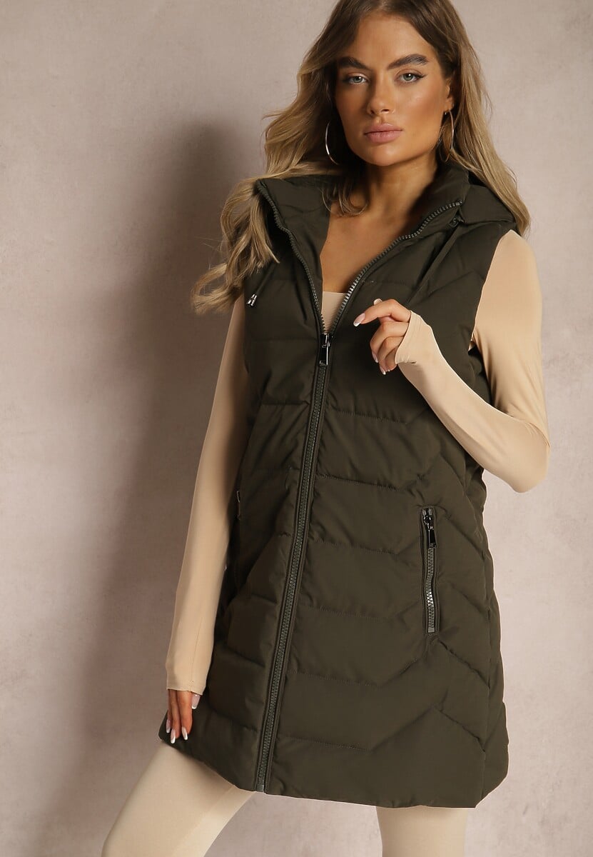 Jasnobeżowa Kamizelka Pikowana Zapinana na Suwak Ozdobiona Kapturem i Sznurkami Finaria