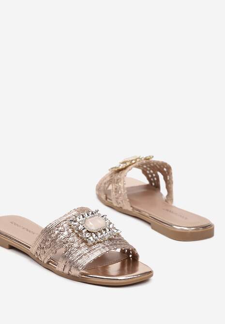 Szampańskie Klapki z Imitacji Skóry z Paskiem Ozdobionym Kamieniami Allmina