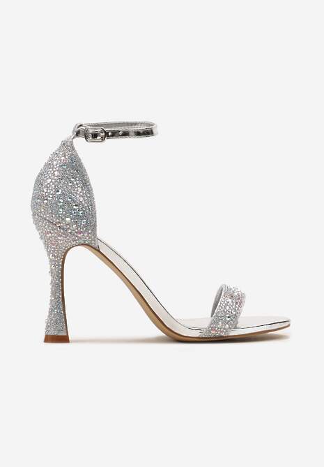 Srebrne Brokatowe Sandały na Klepsydrowej Szpilce z Drobnymi Cyrkoniami Isoldis