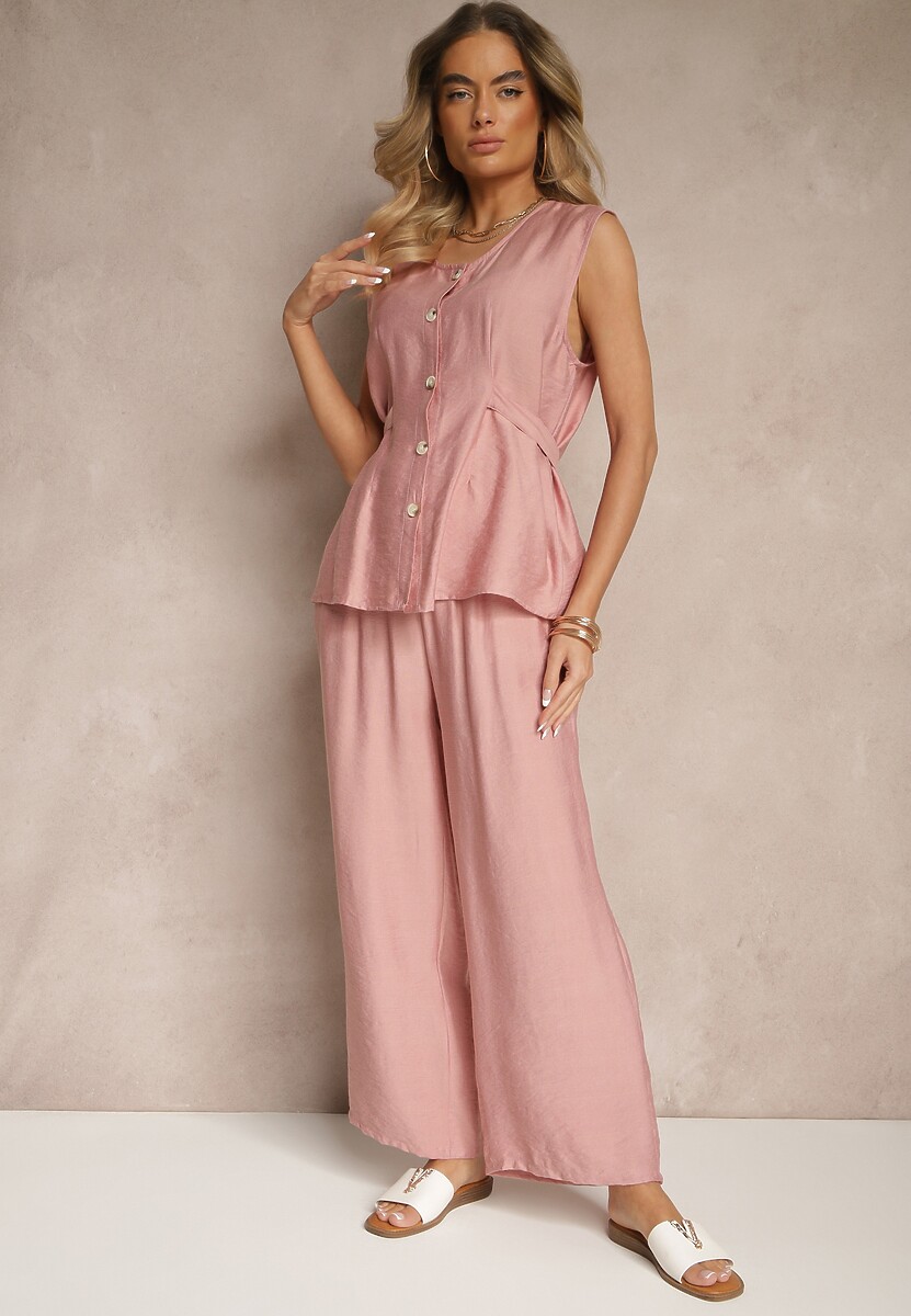 Ciemnoróżowy Komplet Spodnie i Bluzka z Regulacją w Talii Zapinana na Guziki Dovanelle