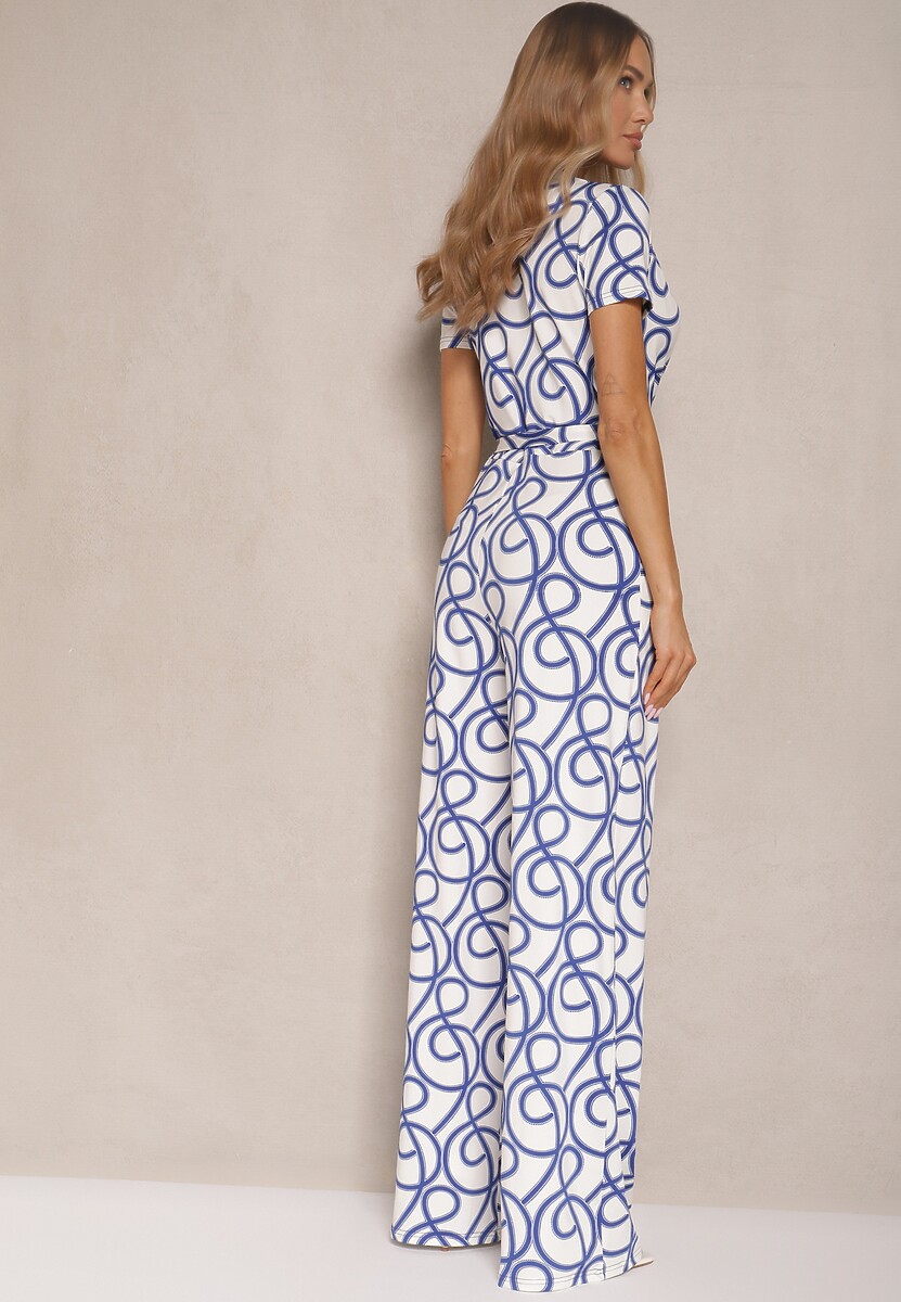 Niebieski Kopertowy Kombinezon z Wiskozą Zdobiony Abstrakcyjnym Printem Evivola