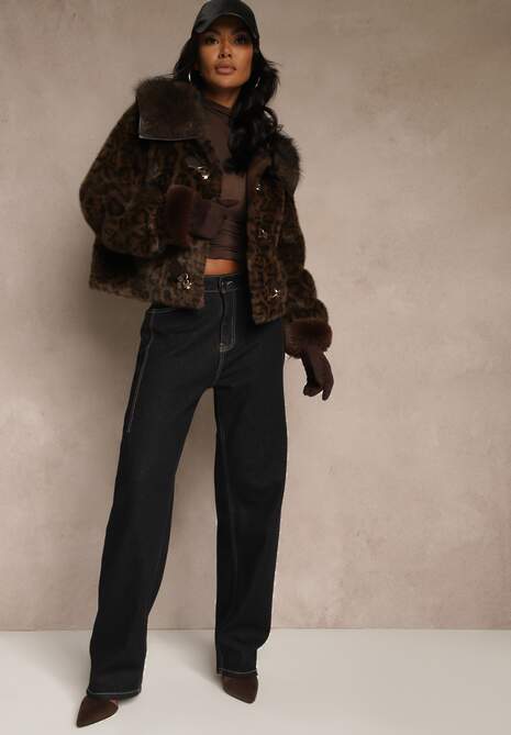 Brązowa Krótka Kurtka Futerko w Panterkę z Oryginalnym Zapięciem Otizana