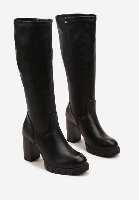 Czarne Kozaki na Słupku i Platformie z Dopasowaną Cholewką Latallea