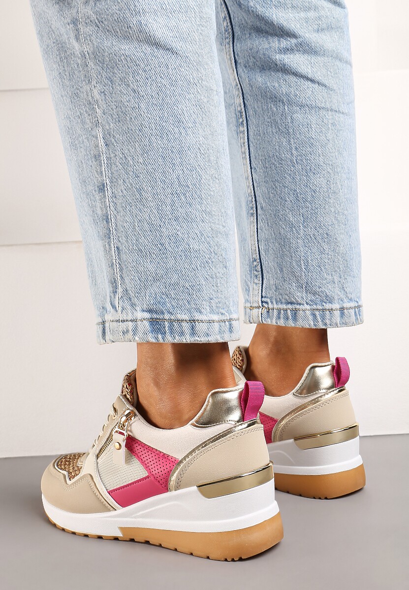 Beżowo-Różowe Sneakersy na Niewysokim Koturnie Ozdobione Suwakiem i Wstawkami Liorrama