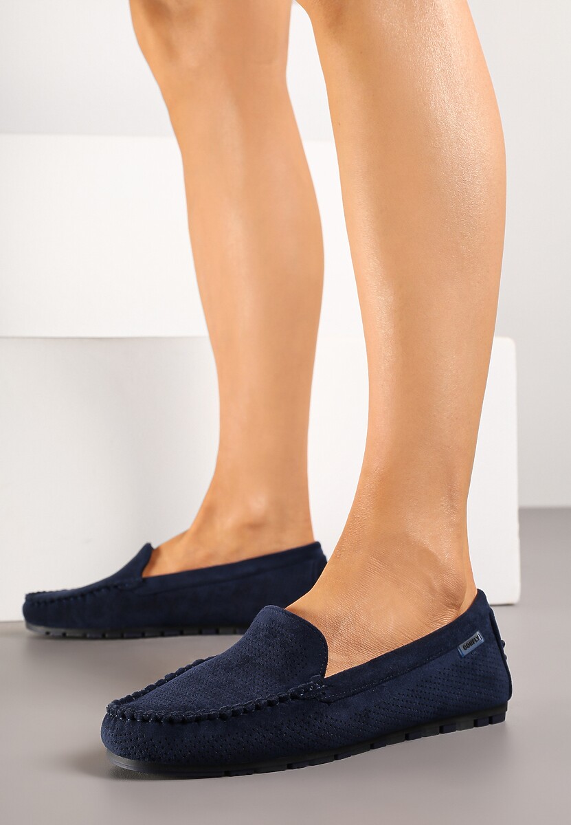 Granatowe Klasyczne Mokasyny z Przeszyciem Wokół Noska Semaneve