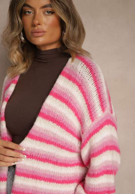 Fuksjowy Kardigan z Wełną i Wiskozą z Motywem Pasków Felorie