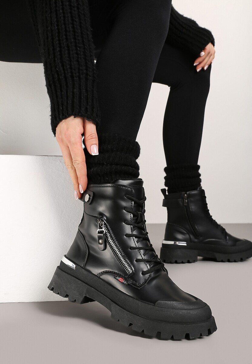 Czarne Traperki z Protektorem i Metaliczną Wstawką i Ozdobnym Suwakiem Dazzlina