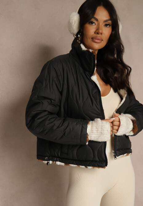 Czarna Pikowana Kurtka Dwustronna Ozdobiona Łaciatym Futerkiem Mevelliana