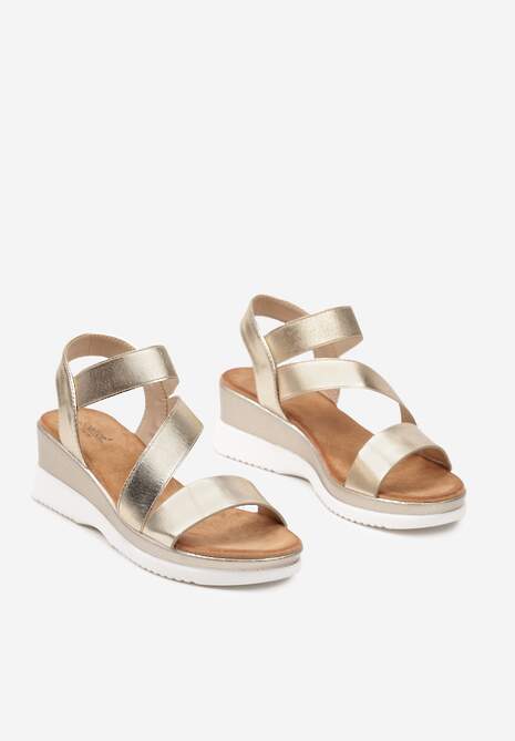 Złote Casualowe Sandały na Niskim Koturnie z Brokatem i Elastycznym Paskiem Thani