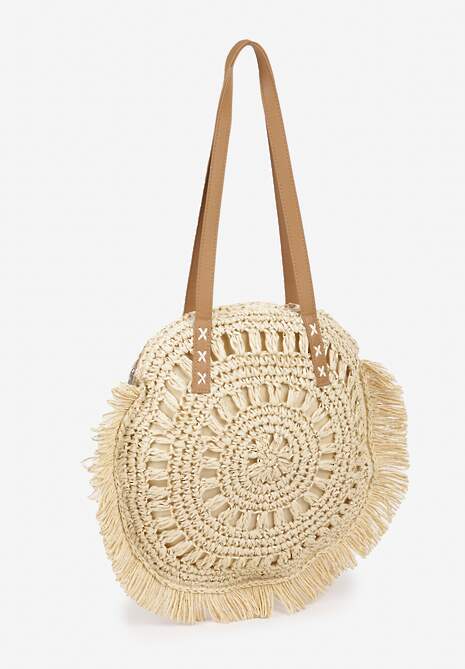 Jasnobeżowa Torebka z Plecionki o Okrągłym Kształcie Boho Tarantelia