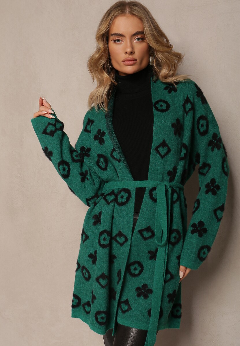 Zielony Kardigan z Wiązanym Paskiem Ozdobiony Wzorem w Kwiaty Timonen