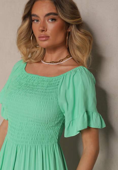 Jasnozielona Rozkloszowana Sukienka Hiszpanka z Bawełny z Elastyczną Górą Maissa