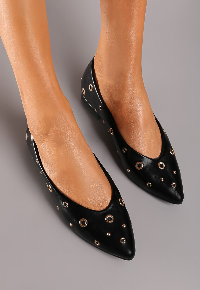 Czarne Balerinki na Płaskiej Podeszwie Ozdobione Metalicznymi Kółeczkami Erisellea