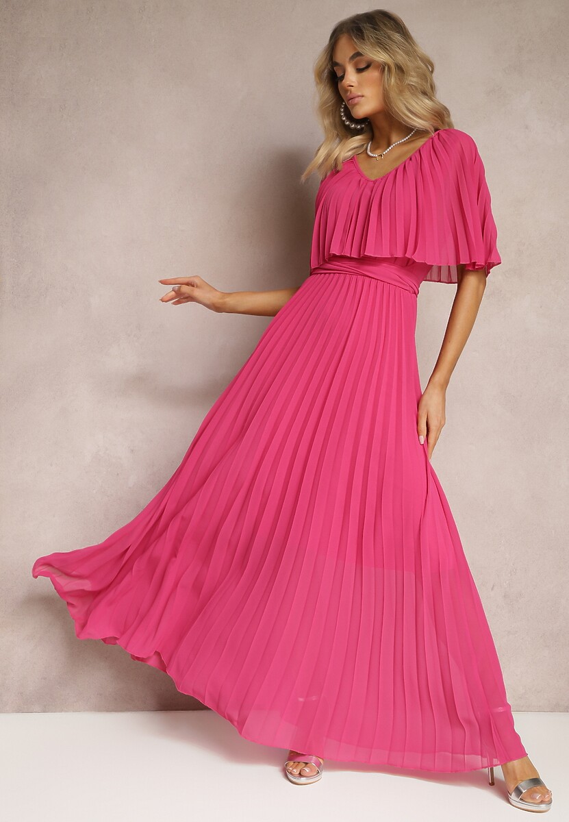 Ciemnoróżowa Plisowana Sukienka z Gumką w Pasie z Falbaną Przy Dekolcie Drenia