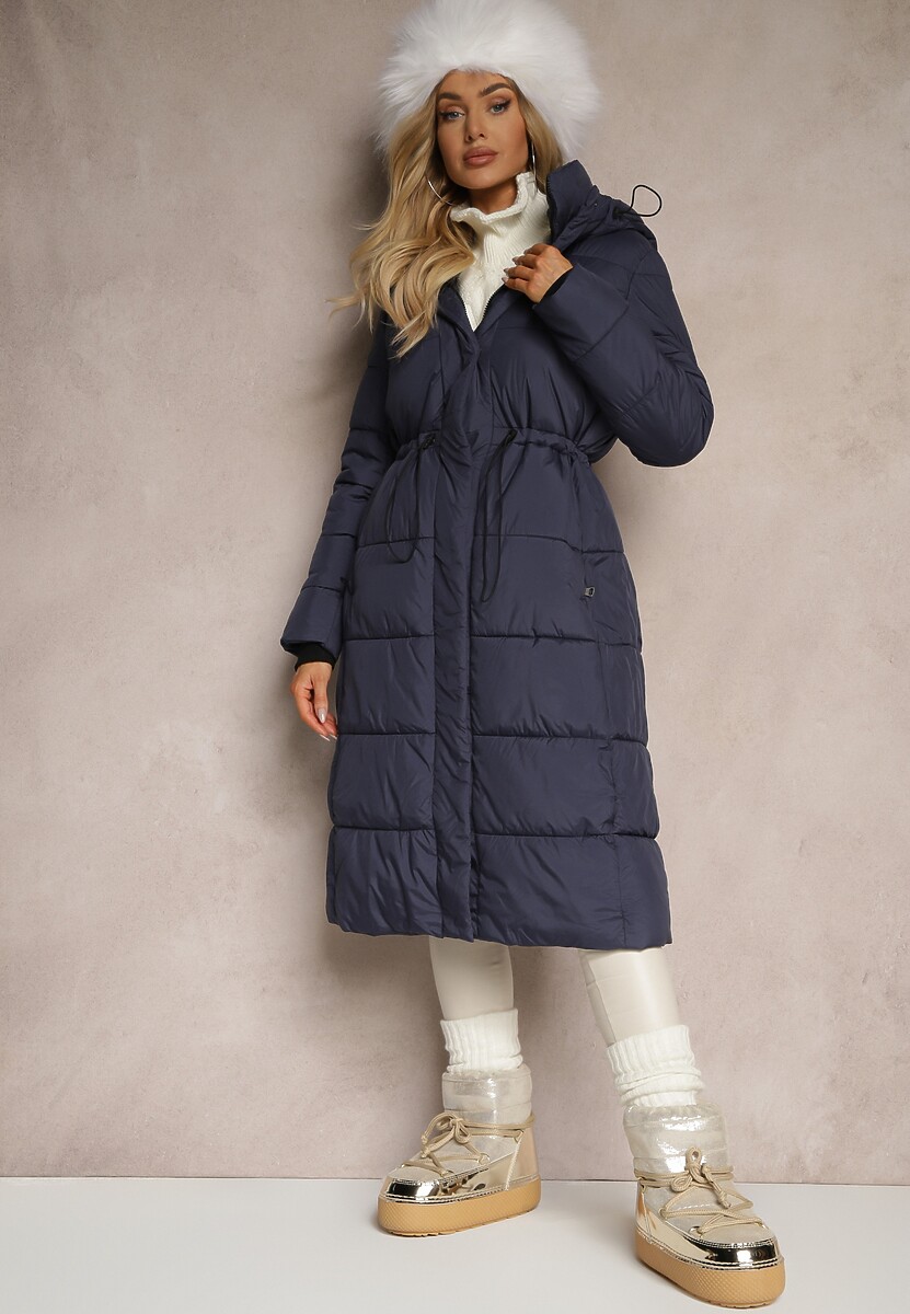 Granatowa Pikowana Kurtka Płaszcz z Kapturem i Gumką w Pasie Elastia