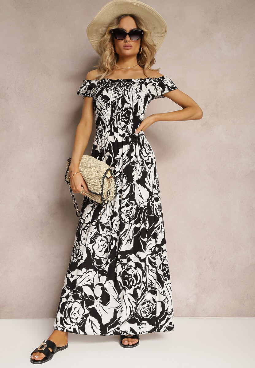 Czarno-Biała Wiskozowa Sukienka Typu Hiszpanka o Rozkloszowanym Kroju z Marszczoną Górą Fereri