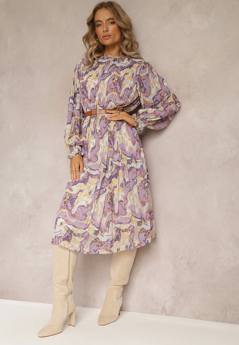 Fioletowa Plisowana Sukienka Midi z Długim Rękawem i Paskiem ze Sprzączką Lizeta