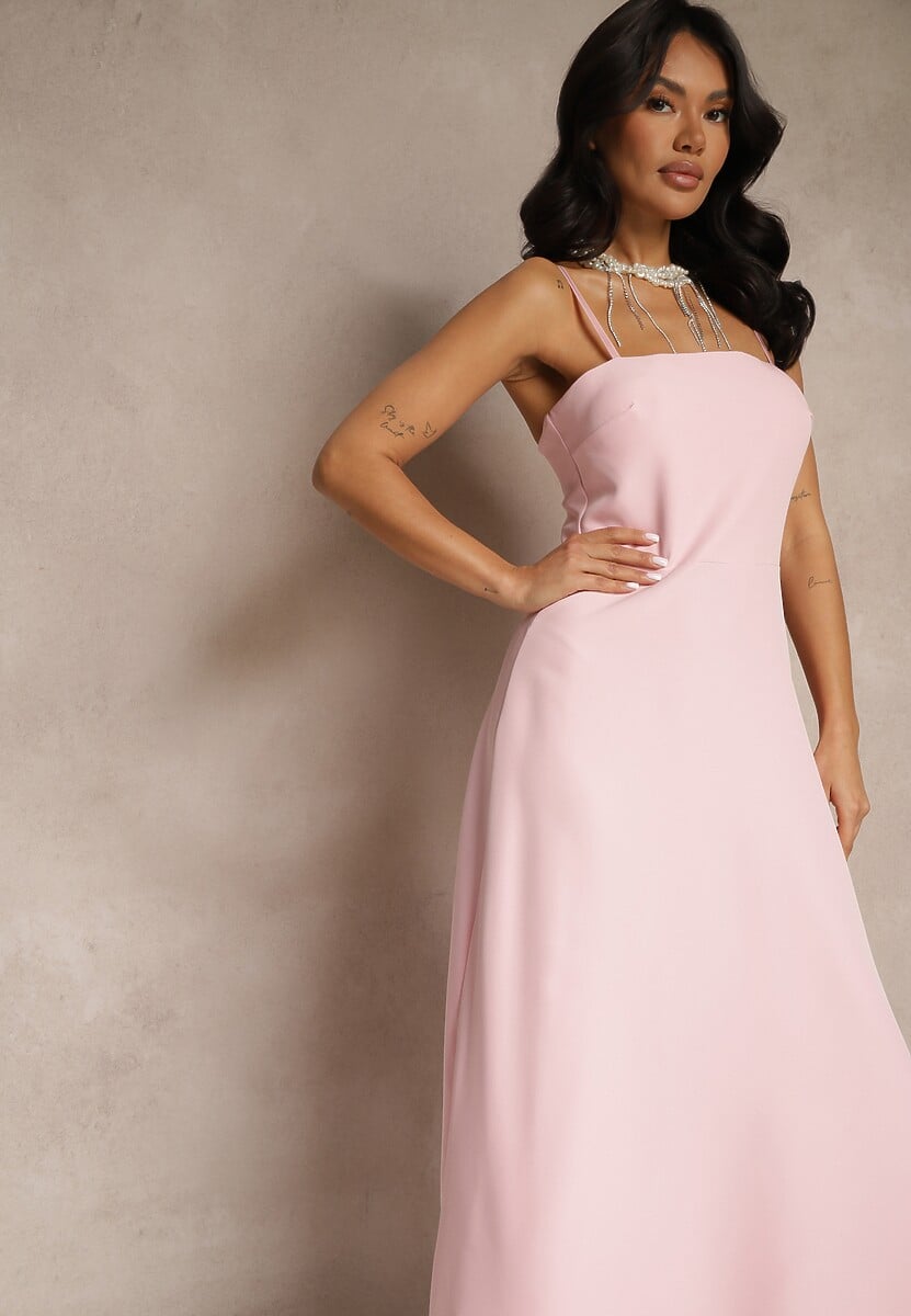 Różowa Rozkloszowana Sukienka na Ramiączkach z Wywiniętym Dekoltem Jenavitia