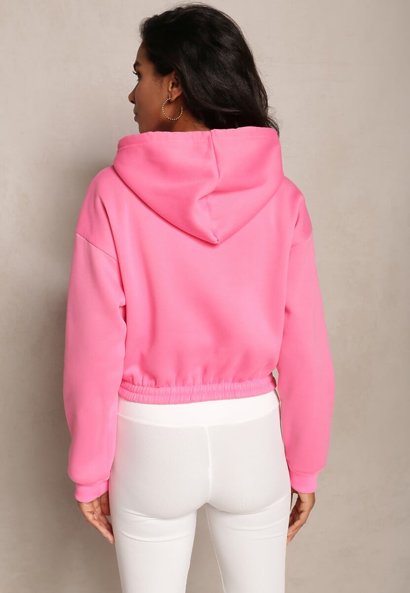 Różowa Krótka Bluza z Kapturem Ściągaczami i Ozdobnym Nadrukiem Relis
