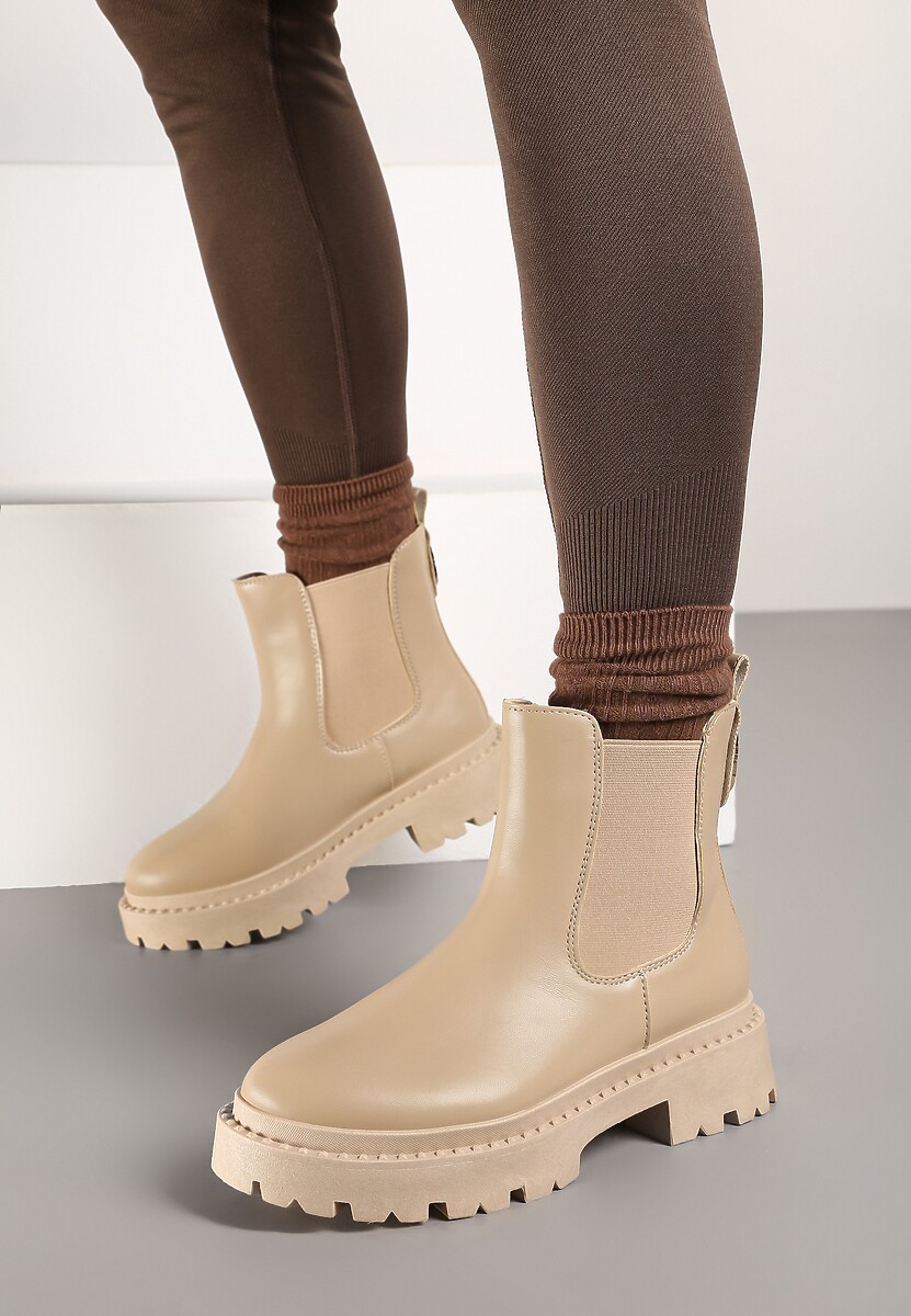 Beżowe Botki na Platformie w Stylu Sztybletów z Gumką i Metalicznym Wykończeniem Lerives