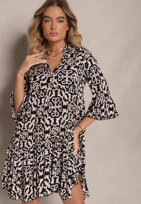 Czarna Sukienka Bawełniana o Rozkloszowanym Kroju w Etniczny Print Zalivine