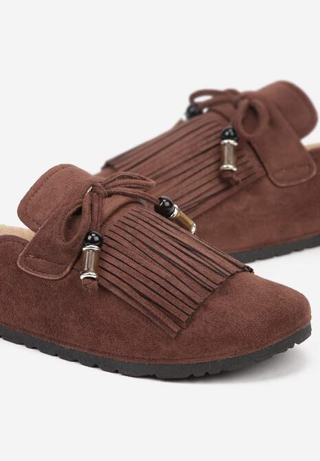 Brązowe Boho Klapki Mule z Imitacji Zamszu z Frędzlami i Koralikami Elwedila