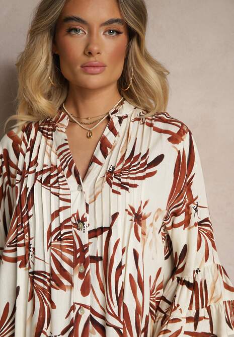 Brązowa Rozkloszowana Sukienka z Wiskozy z Falbanami z Motywem Roślinnym Ridivaria