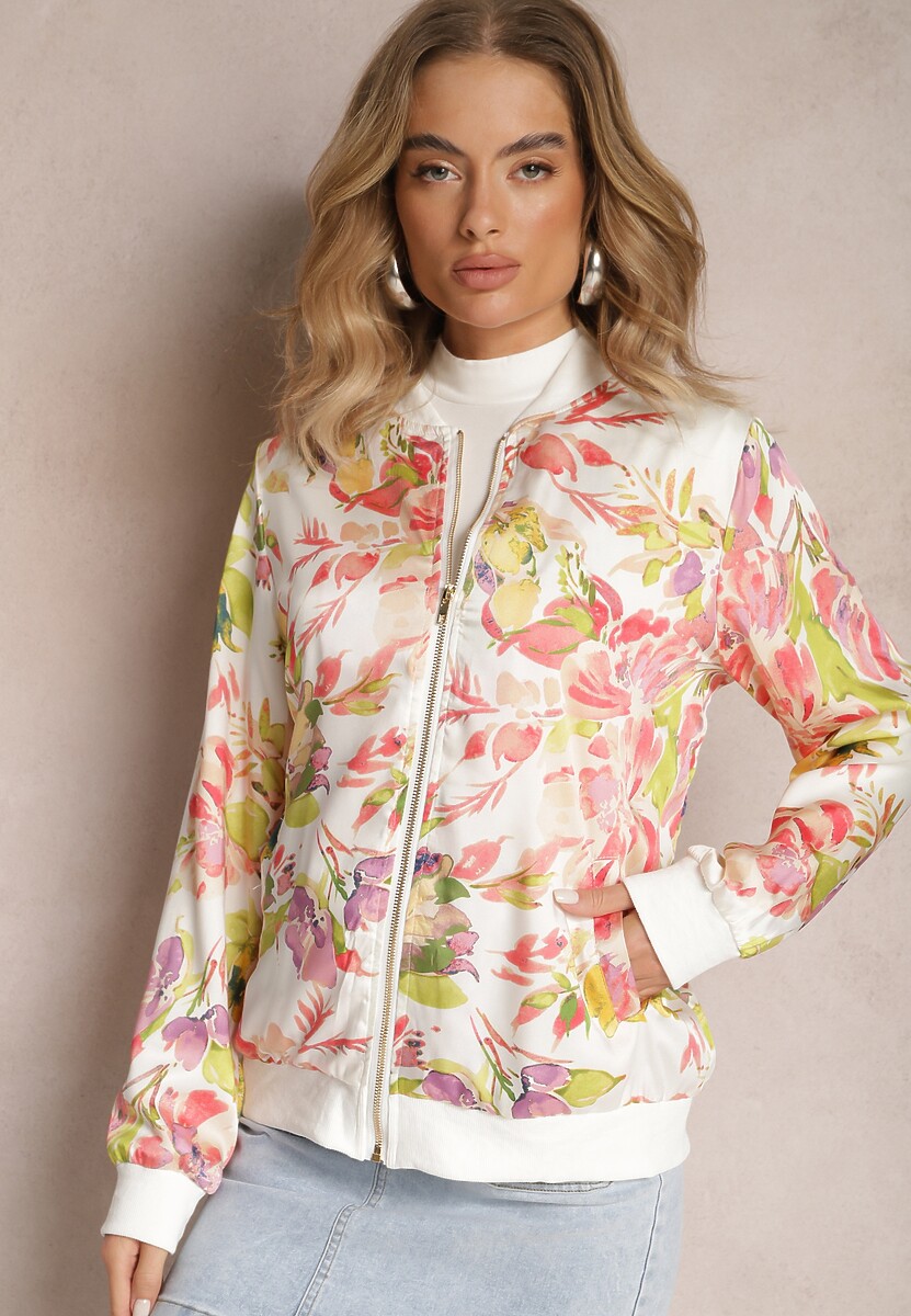 Biała Kurtka Bomberka w Kwiaty ze Ściągaczami Lirissa