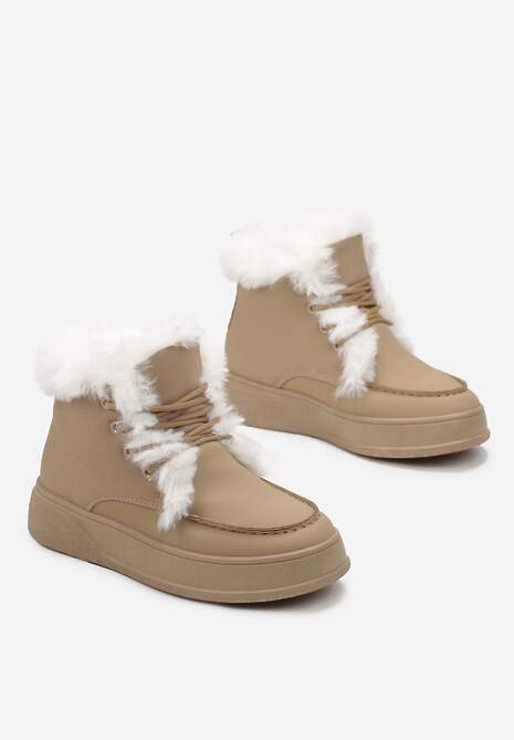 Ciemnobeżowe Botki za Kostkę na Grubej Podeszwie Ozdobione Futerkiem Nulzame