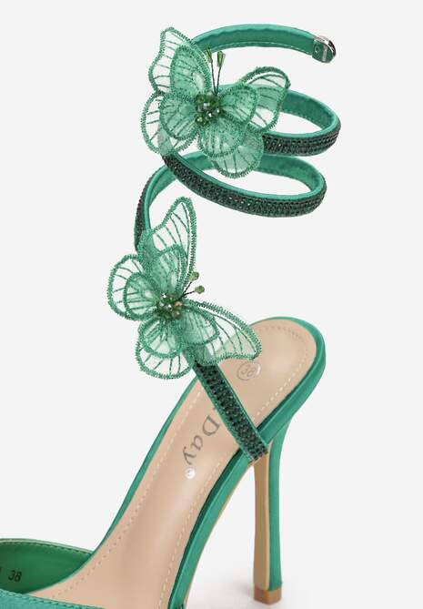 Zielone Sandały na Szpilce z Cyrkoniami i Motylkami Eevi