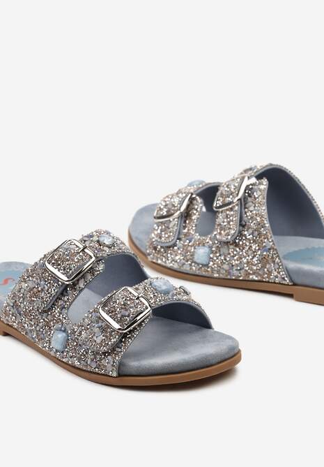 Niebieskie Klapki ze Sprzączkami Ozdobione Cyrkoniami i Kryształkami Elisnella