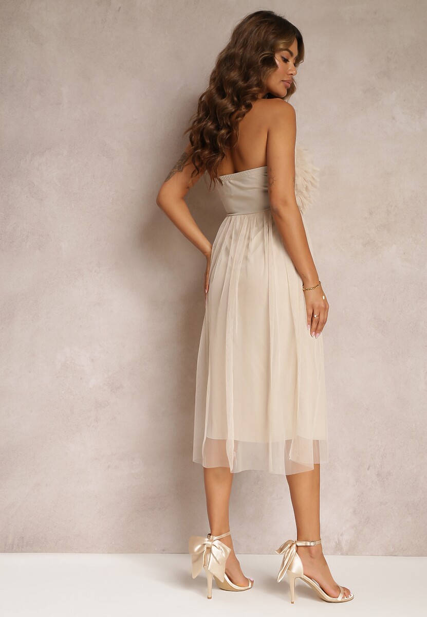 Beżowa Tiulowa Sukienka bez Ramiączek z Falbankami Tremone