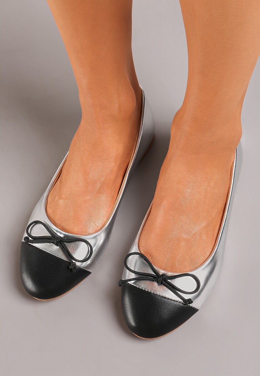 Srebrne Klasyczne Balerinki z Okrągłym Przodem i Kokardką Engobe