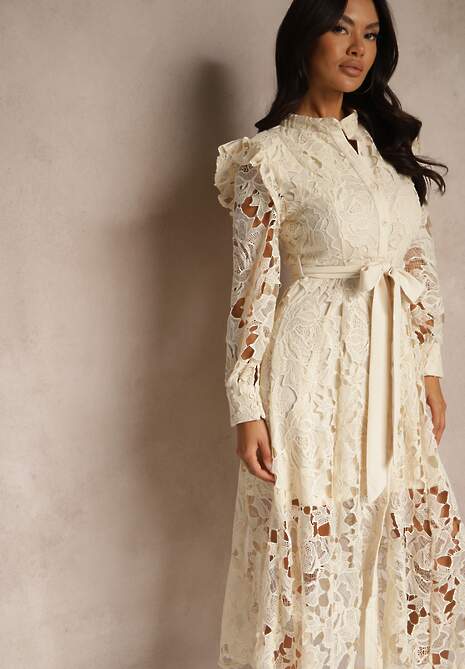 Beżowa Rozkloszowana Sukienka o Koszulowym Fasonie z Falbanką i Koronką Caramia