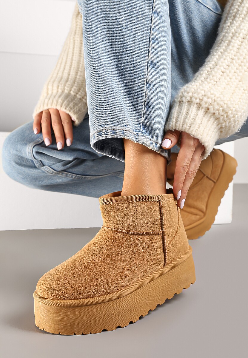 Brązowe Śniegowce na Platformie Ozdobionej Tłoczeniem z Niską Cholewką Inarinne