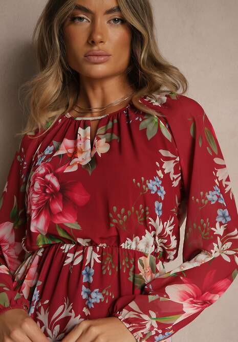 Bordowa Rozkloszowana Sukienka Ozdobiona Kwiatowym Wzorem Zerovia