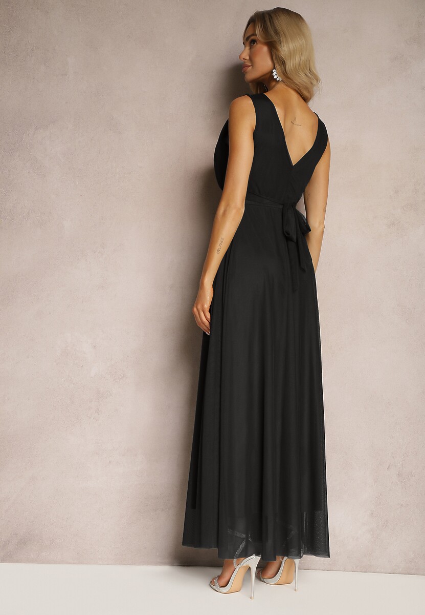 Czarna Koktajlowa Sukienka z Tiulowym Dołem Bez Rękawów Elastar