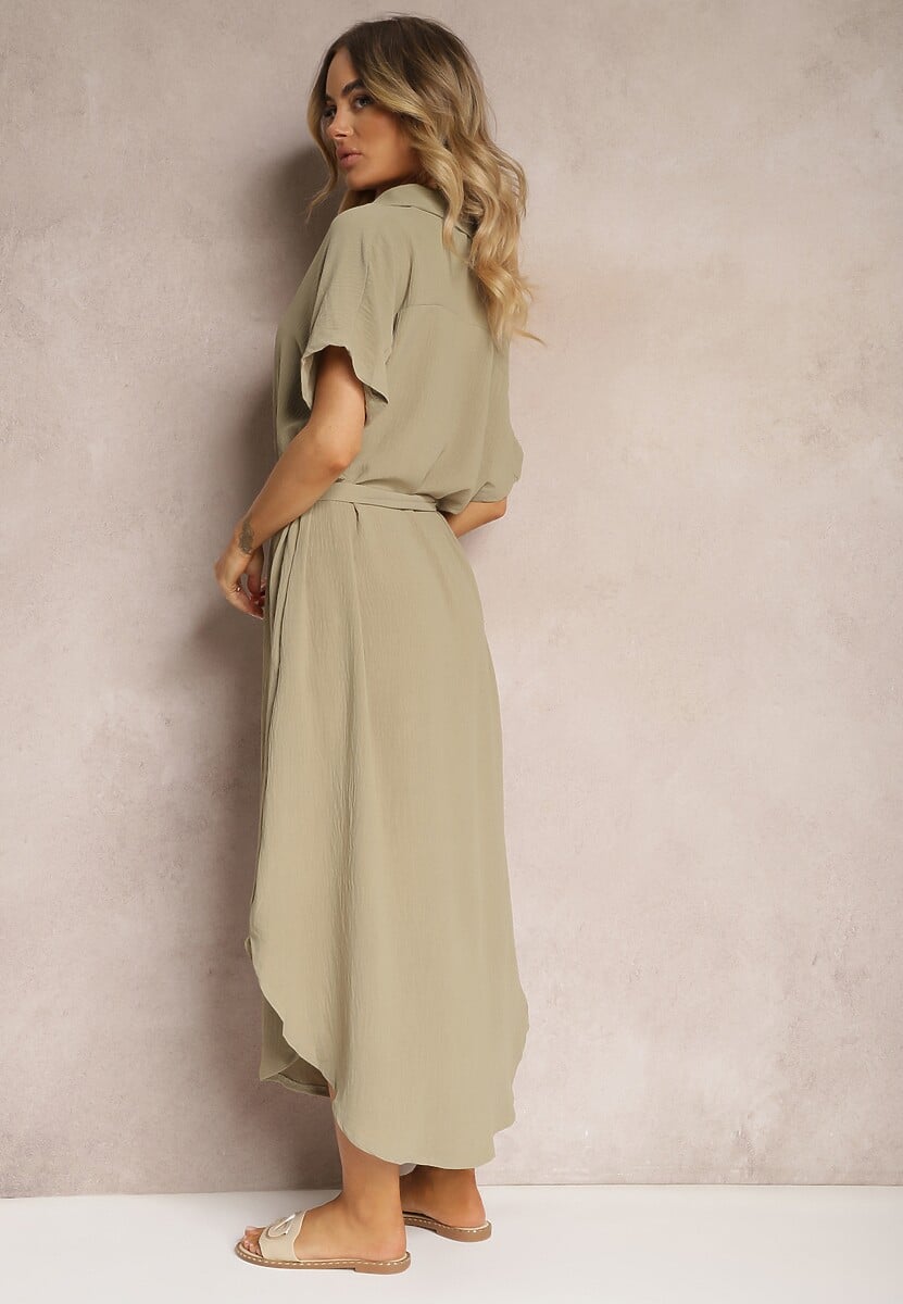 Zielona Koszulowa Sukienka z Wiskozy z Materiałowym Paskiem w Talii Gialara