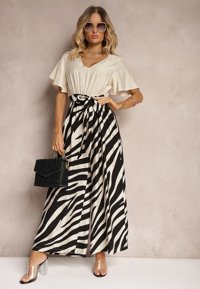 Czarno-Biały Kombinezon z Materiałowym Paskiem i Szerokimi Rękawami Nellda